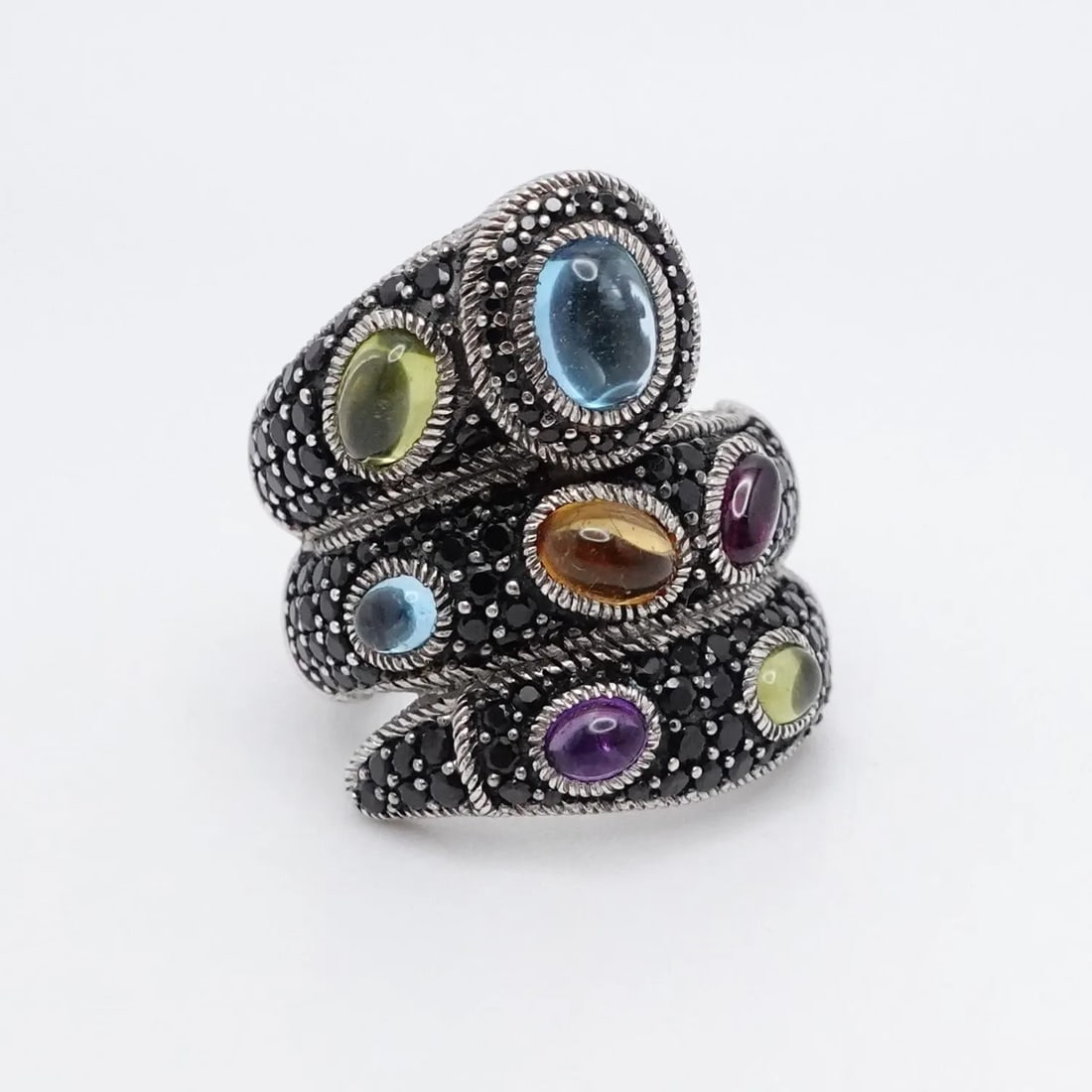 JUDITH RIPKA STERLING SILVER BLACK SPINEL MULTI GEMSTONE WRAP RING - SIZE 7 (1 of 2)
