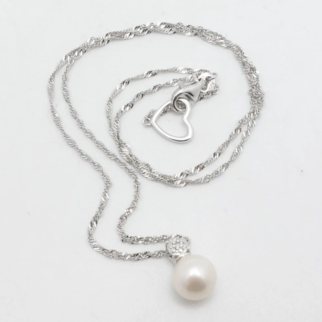 BGE STERLING SILVER WHITE PEARL 7.5MM DIAMOND TWIST ROPE CHAIN NECKLACE 17" (1 of 2)