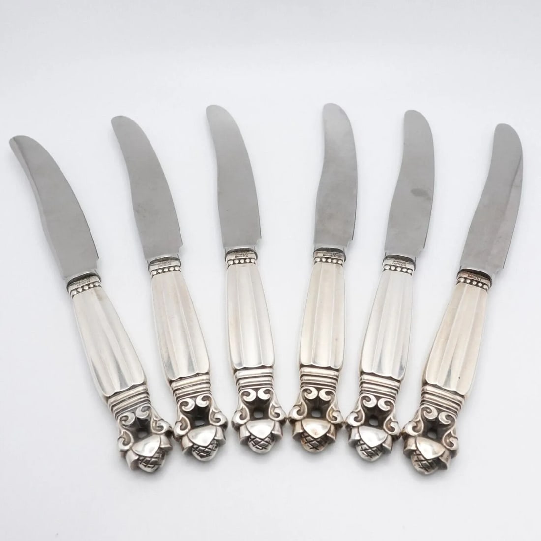 GEORG JENSEN STERLING SILVER HANDLE STAINLESS STEEL ACORN FRUIT KNIFE 6.5": GEORG JENSEN STERLING SILVER HANDLE STAINLESS STEEL ACORN FRUIT KNIFE 6.5" Vintage Georg Jensen Design by Johan Rohde Sterling Silver Handle Stainless Steel Acorn Pattern Fruit Knife Length - 6.5" Est