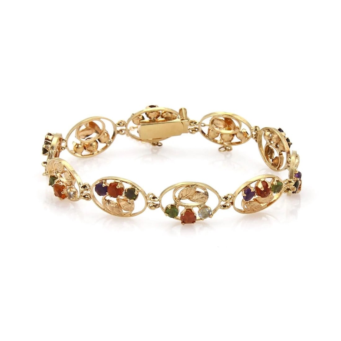 MULTI-COLOR GEMSTONES GOLD BRACELET OVAL LINK ART NOUVEAU: MULTI-COLOR GEMSTONES GOLD BRACELET OVAL LINK ART NOUVEAU MULTI-COLOR GEMSTONES GOLD BRACELET OVAL LINK ART NOUVEAU This Multi-Color Gemstones Gold Bracelet features an Art Nouveau design with oval li