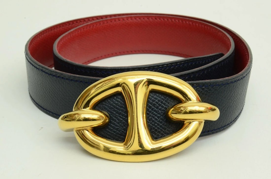 AUTHENTIC HERMES BELT NAVY LEATHER GP BUCKLE EMBLEM 1991 FASHION ACCESSORY (1 of 2)