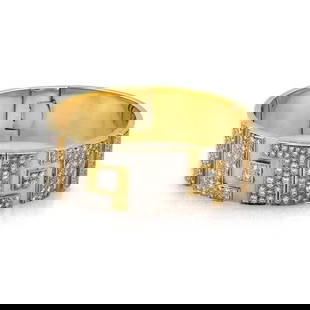 DIAMOND 18K TWO TONE GOLD HEAVY WIDE FLEX OPEN BRACELET 73GRAMS: DIAMOND 18K TWO TONE GOLD HEAVY WIDE FLEX OPEN BRACELET 73GRAMS This Diamond 18k Two Tone Gold Heavy Wide Flex Open Bracelet features a natural white/colorless round diamond as the main stone, set in