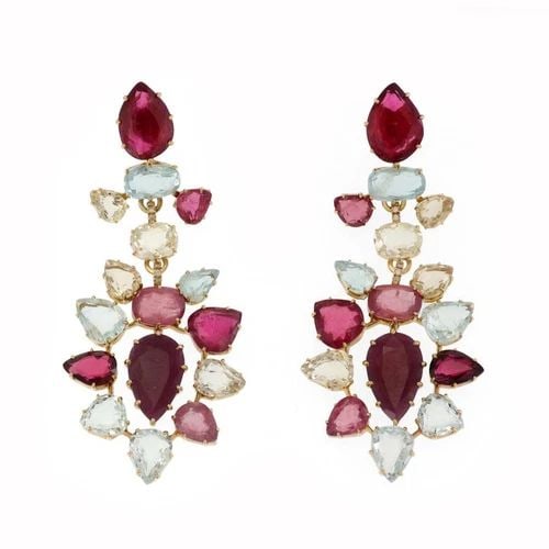 H.STERN AQUAMARINE TOURMALINE & GEMS 18K GOLD LONG DANGLE EARRINGS: H.STERN AQUAMARINE TOURMALINE & GEMS 18K GOLD LONG DANGLE EARRINGS H.STERN AQUAMARINE TOURMALINE & GEMS 18K GOLD LONG DANGLE EARRINGS H.Stern Aquamarine Tourmaline & Gems 18k Gold Long Dangle Earrings