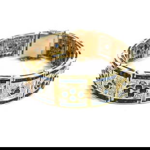 SAPPHIRE GOLD PANEL LINK BRACELET PAVE DIAMOND 9.75CT 18K TWO TONE DRESSY WIDE: SAPPHIRE GOLD PANEL LINK BRACELET PAVE DIAMOND 9.75CT 18K TWO TONE DRESSY WIDE SAPPHIRE GOLD PANEL LINK BRACELET PAVE DIAMOND 9.75CT 18K TWO TONE DRESSY WIDE This fabulous wide bracelet is crafted fro