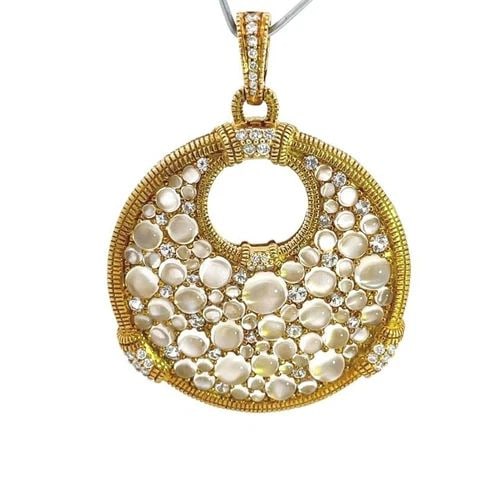 JUDITH RIPKA AURORA PENDANT DIAMOND 18K GOLD MOONSTONE CLIP ON: JUDITH RIPKA AURORA PENDANT DIAMOND 18K GOLD MOONSTONE CLIP ON JUDITH RIPKA AURORA PENDANT DIAMOND 18K GOLD MOONSTONE CLIP ON This is a Judith Ripka Aurora pendant featuring a round-cut diamonds and o