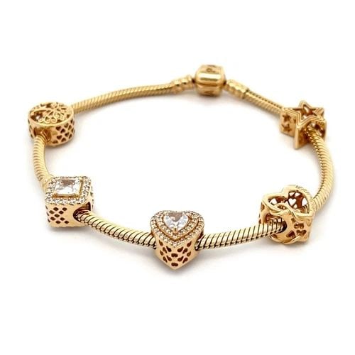 PANDORA 14K YELLOW GOLD 5 SLIDE CHARMS SNAKE WHITE STONE CHAIN BRACELET: PANDORA 14K YELLOW GOLD 5 SLIDE CHARMS SNAKE WHITE STONE CHAIN BRACELET PANDORA 14K YELLOW GOLD 5 SLIDE CHARMS SNAKE WHITE STONE CHAIN BRACELET From the Classic Collection by Pandora, this 14k yellow