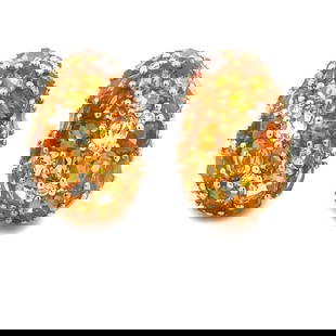 CITRINE DIAMOND HUGGIE EARRINGS 18K YELLOW GOLD LARGE OVAL DOME STYLE: CITRINE DIAMOND HUGGIE EARRINGS 18K YELLOW GOLD LARGE OVAL DOME STYLE This is a magnificent pair of 18k yellow gold earrings, they feature a large curved long dome shape front filled with orange and y