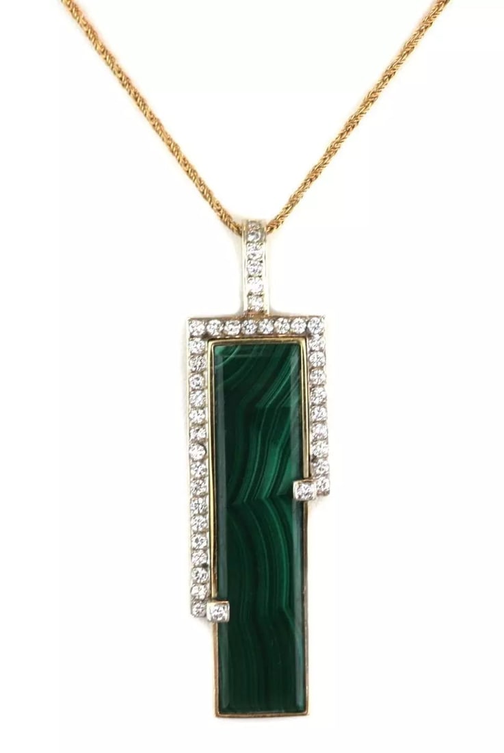 DIAMOND MALACHITE NECKLACE 14K YELLOW GOLD LONG PENDANT & CHAIN: DIAMOND MALACHITE NECKLACE 14K YELLOW GOLD LONG PENDANT & CHAIN Diamond Malachite 14k Gold Long Pendant & Chain Description This is a lovely pendant and chain, crafted from 14k yellow and white gold w