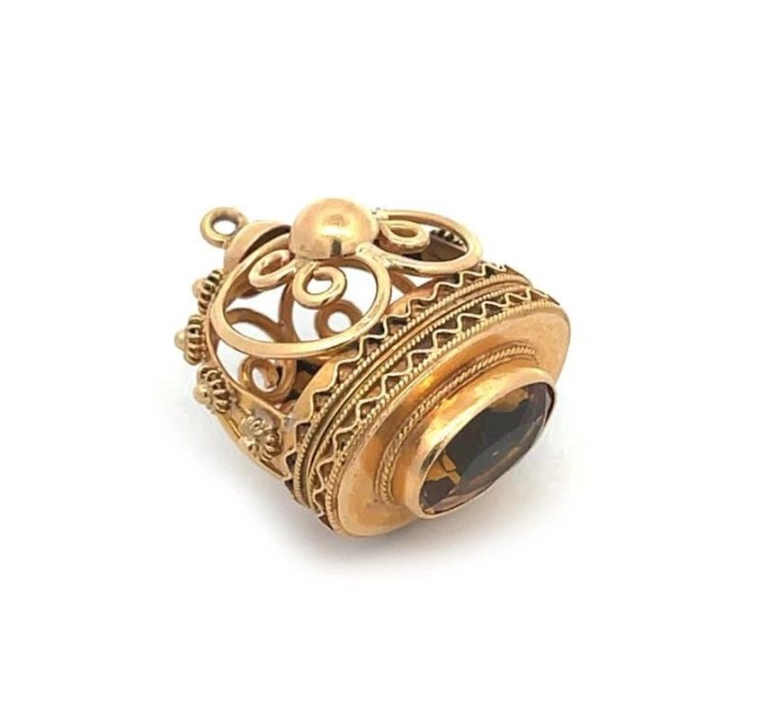 18K PILL BOX PENDANT YELLOW GOLD VINTAGE CITRINE ETRUSCAN OPEN STYLE: 18K PILL BOX PENDANT YELLOW GOLD VINTAGE CITRINE ETRUSCAN OPEN STYLE This is a lovely vintage pendant or fob with a secret compartment, it has a mix of 18k yellow gold featuring an open floral frame w