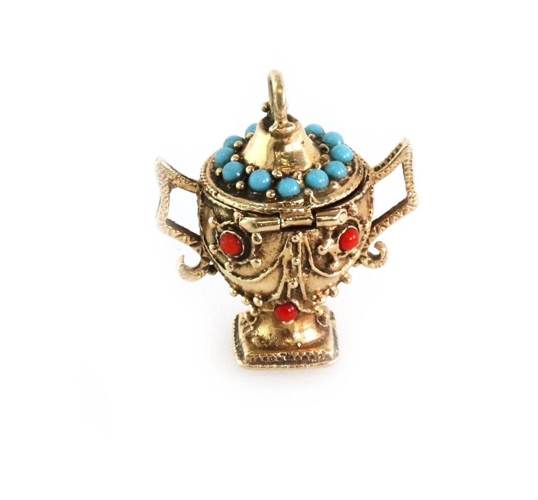 VINTAGE CORAL TURQUOISE 14K YGOLD TROPHY CUP PILL BOX PENDANT LIQUIDATION!: VINTAGE CORAL TURQUOISE 14K YGOLD TROPHY CUP PILL BOX PENDANT LIQUIDATION! Vintage Coral Turquoise 14k YGold Trophy Cup Pill Box Pendant LIQUIDATION! Description This is a gorgeous vintage pendant or