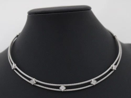 CHARRIOL 18K & STAINLESS STEEL DOUBLE CABLE DIAMOND STATION CHOKER NECKLACE: CHARRIOL 18K & STAINLESS STEEL DOUBLE CABLE DIAMOND STATION CHOKER NECKLACE Description Philippe Charriol 18K White Gold & Stainless Steel Double Cable Kite Set Pave Diamond Station Choker Necklace Ne