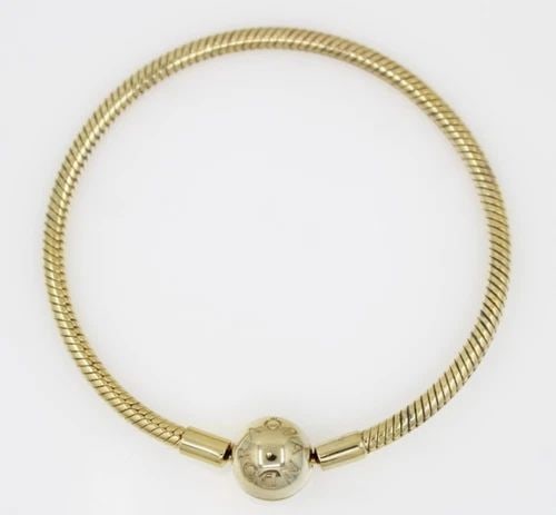 PANDORA 14K YELLOW GOLD PLATE SNAKE CHAIN CHARM BRACELET 7.1" ~ 568748C00-18: PANDORA 14K YELLOW GOLD PLATE SNAKE CHAIN CHARM BRACELET 7.1" ~ 568748C00-18 Description Pandora 14K Yellow Gold Plate Moments Snake Chain Charm Bracelet 568748C00-18 Pandora bracelet in good conditio