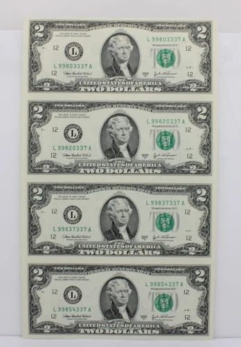 UNCUT SHEET OF FOUR (4) $2 TWO DOLLAR BILLS - SERIES 2003 A UNCIRCULATED: UNCUT SHEET OF FOUR (4) $2 TWO DOLLAR BILLS - SERIES 2003 A UNCIRCULATED Description Uncut Sheet of Four (4) $2 Two Dollar Bills - Series 2003 A Uncirculated Uncut Sheet is in uncirculated condition.