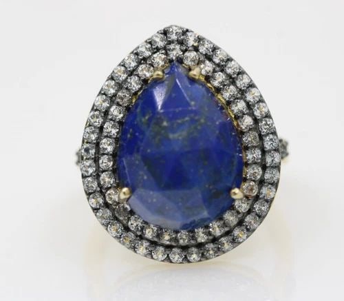OG INDIA STERLING SILVER VERMEIL GOLD LAPIS LAZULI & CZ RING SIZE 7 ~ 7.1 GR (1 of 1)
