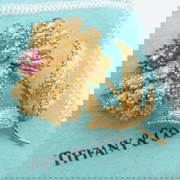 TIFFANY & CO. 18K YELLOW GOLD RUBY & DIAMOND FLOWER BROOCH PIN 2.25" POUCH