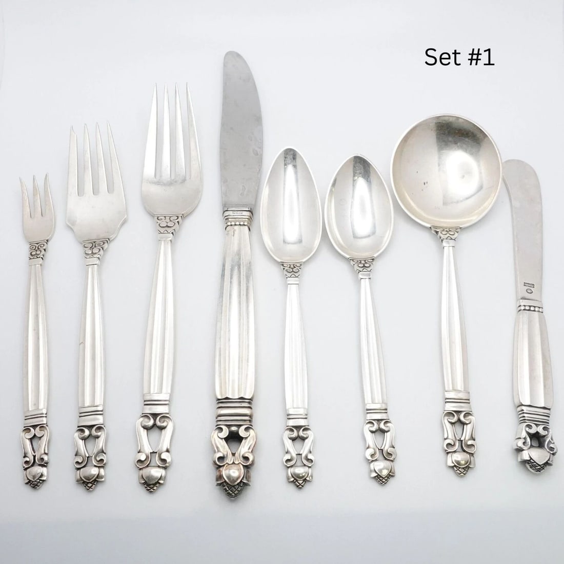 GEORG JENSEN JOHAN ROHDE STERLING SILVER ACORN 8 PIECE FLATWARE SET NO MONOGRAM: GEORG JENSEN JOHAN ROHDE STERLING SILVER ACORN 8 PIECE FLATWARE SET NO MONOGRAM Vintage Georg Jensen Design by Johan Rohde Sterling Silver Acorn Pattern 8-Piece Flatware Set No Monogram - Great Estate