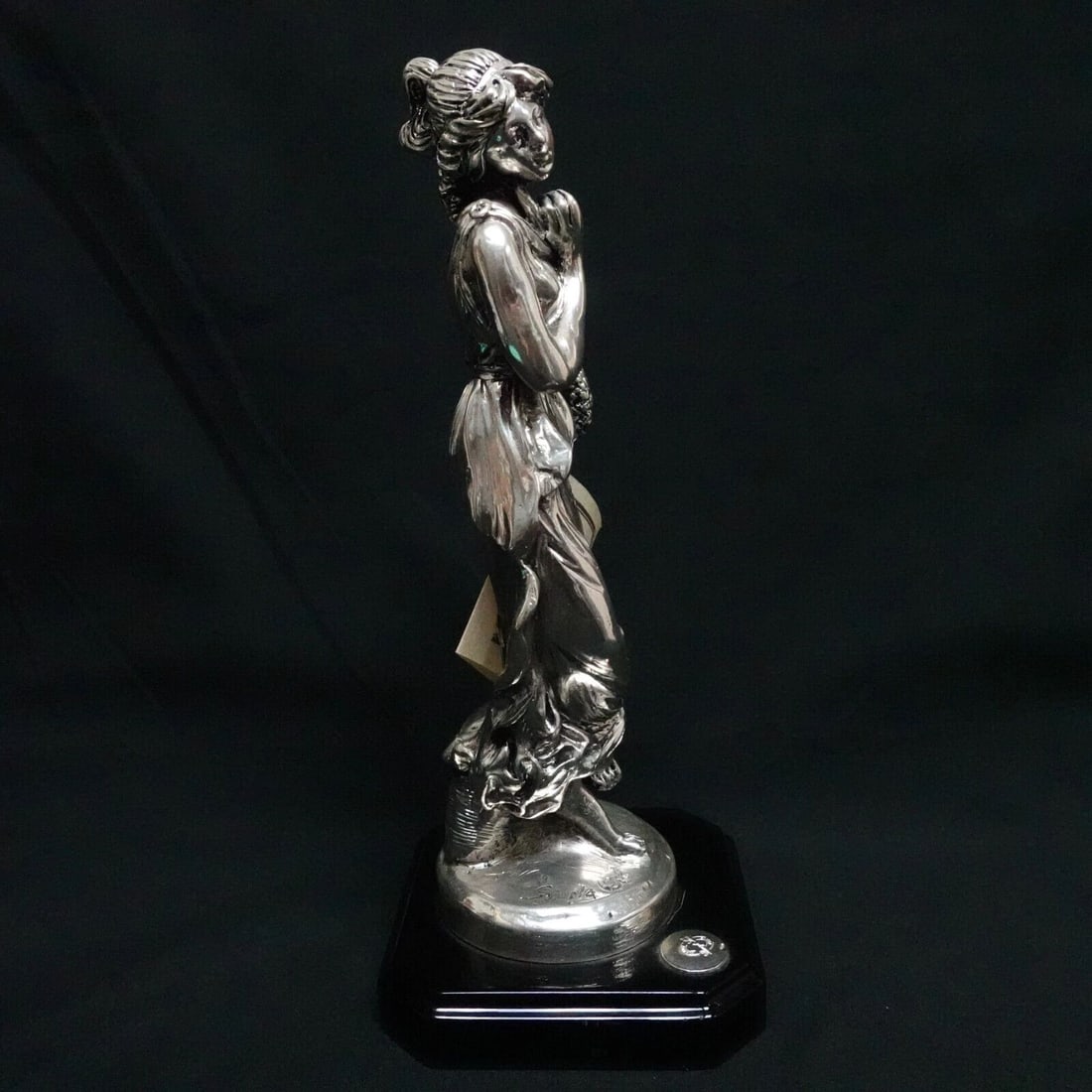 EMYL SERE PREZIOSI D'ARTE HAND CAST MARBLE SILVER OVERLAY WOMAN STATUE - 9.5": PREZIOSI D'ARTE EMYL SERE HAND CAST MARBLE SILVER OVERLAY WOMAN STATUE - 9.5" Preziosi D'Arte Emyl Sere Hand Cast Marble Silver Overlay Woman Statue with Black Wood Base Original Tag Included Height -