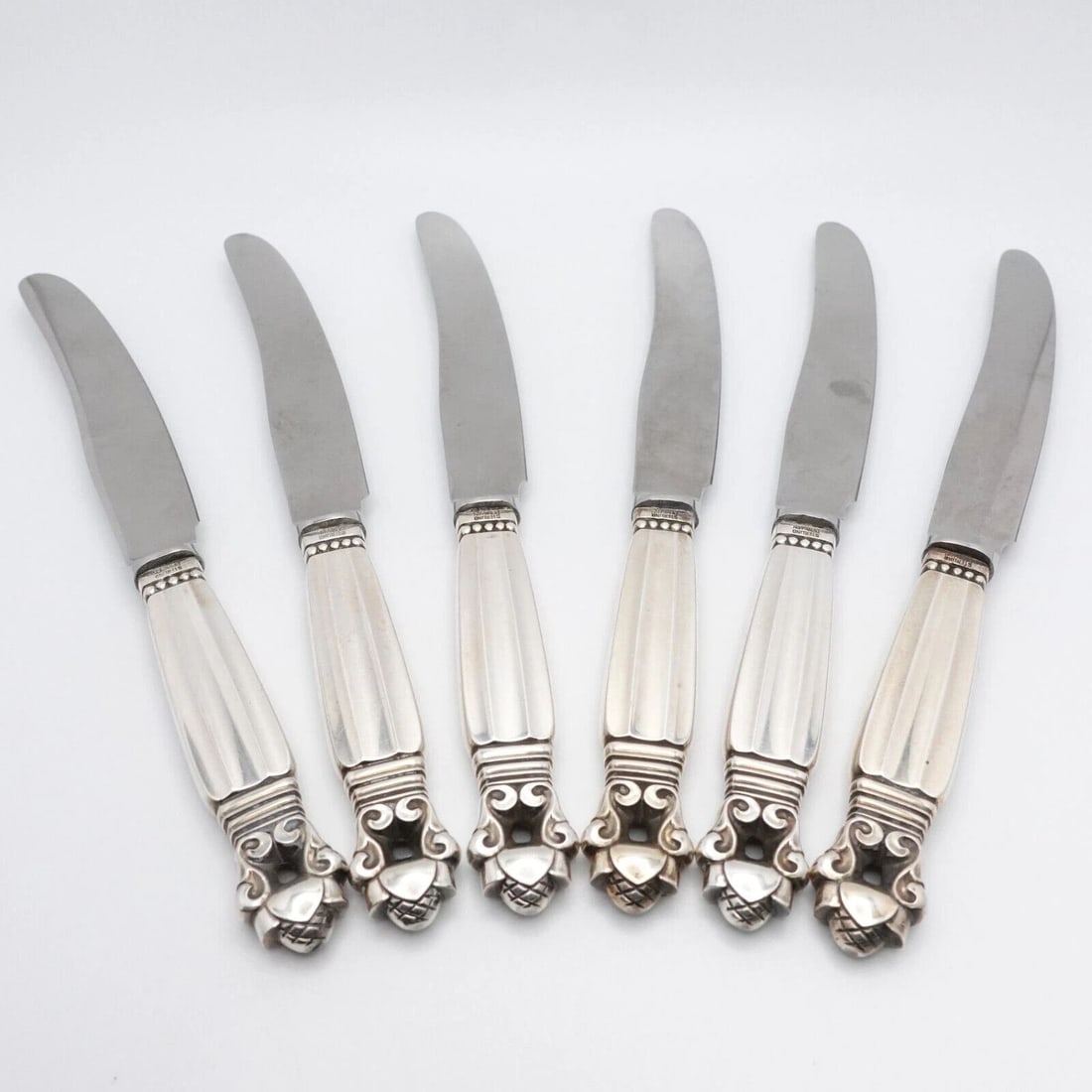 GEORG JENSEN STERLING SILVER HANDLE STAINLESS STEEL ACORN FRUIT KNIFE 6.5": GEORG JENSEN STERLING SILVER HANDLE STAINLESS STEEL ACORN FRUIT KNIFE 6.5" Vintage Georg Jensen Design by Johan Rohde Sterling Silver Handle Stainless Steel Acorn Pattern Fruit Knife Length - 6.5" Est