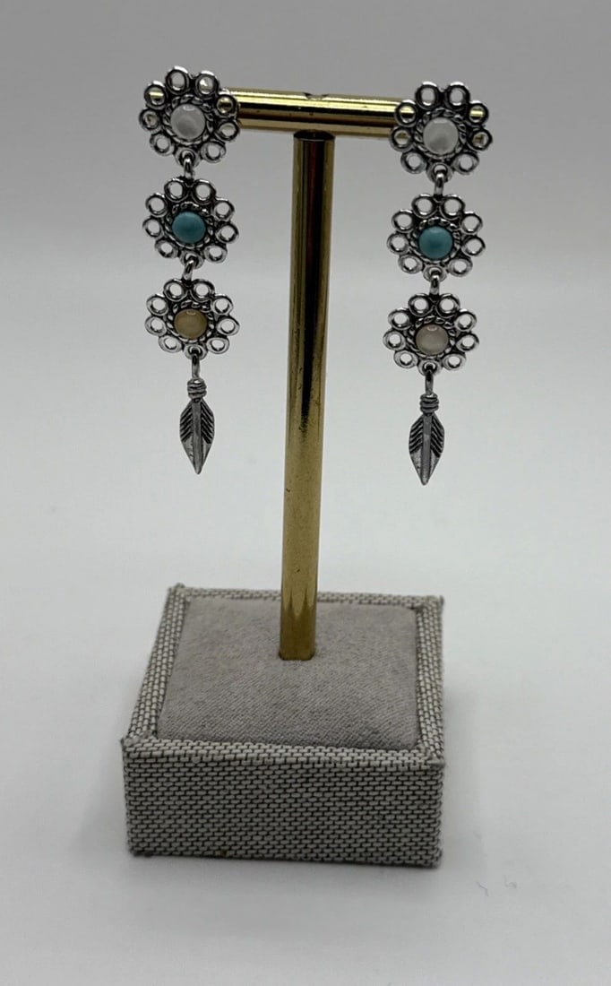 CAROLYN POLLACK-STERLING SW TURQUOISE MOONSTONE FLOWER DANGLE POST EARRINGS (1 of 2)