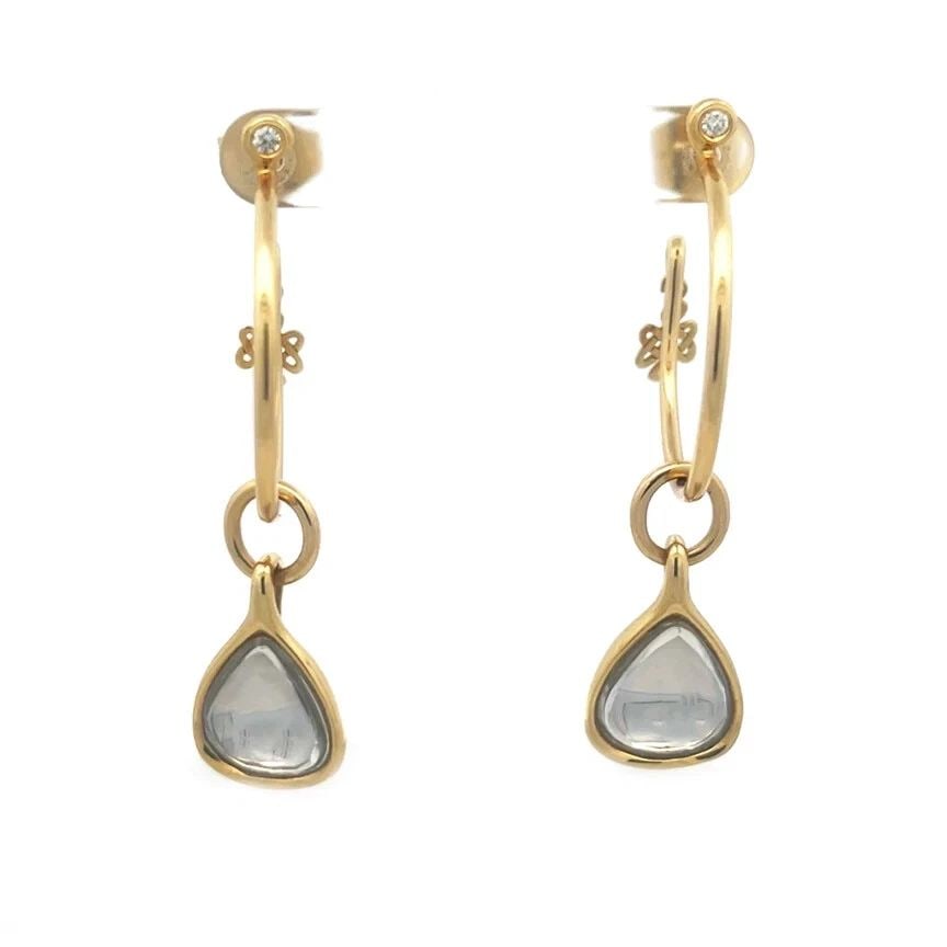 H.STERN GOLD HOOP EARRINGS 18K DIAMOND GEM "LOVE TRUTH" DANGLE CHARM: H.STERN GOLD HOOP EARRINGS 18K DIAMOND GEM "LOVE TRUTH" DANGLE CHARM This lovely pair of hoop earrings are a stunning piece of fine jewelry from H. Stern; it is just perfect for a birthday or Mothers