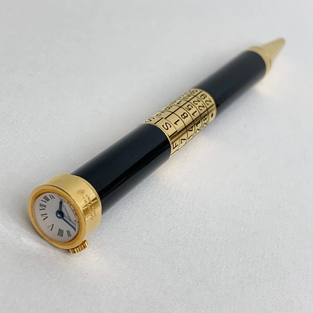 AUTHENTIC CARTIER LE BALLPOINT PEN GOLD CALENDAR CLOCK BLACK DESK COLLECTIBLE (1 of 2)