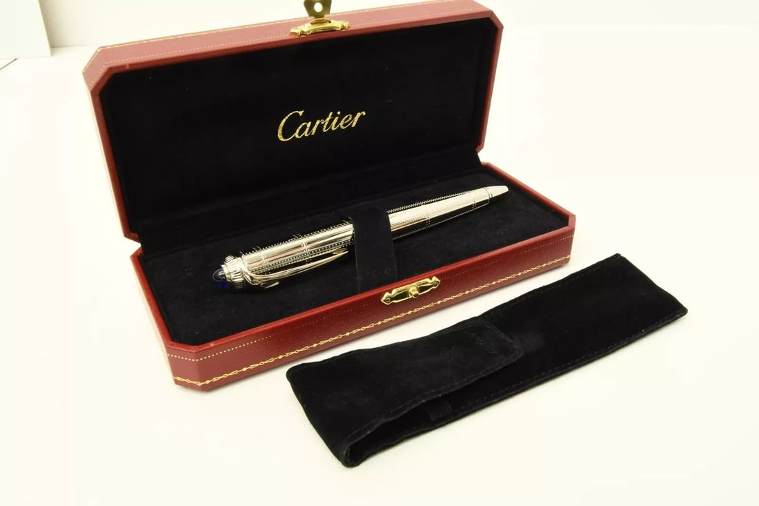 AUTHENTIC CARTIER BALLPOINT PEN SILVER BLUE SAPPHIRE LRG OFFICE DESK COLLECTIBLE (1 of 2)