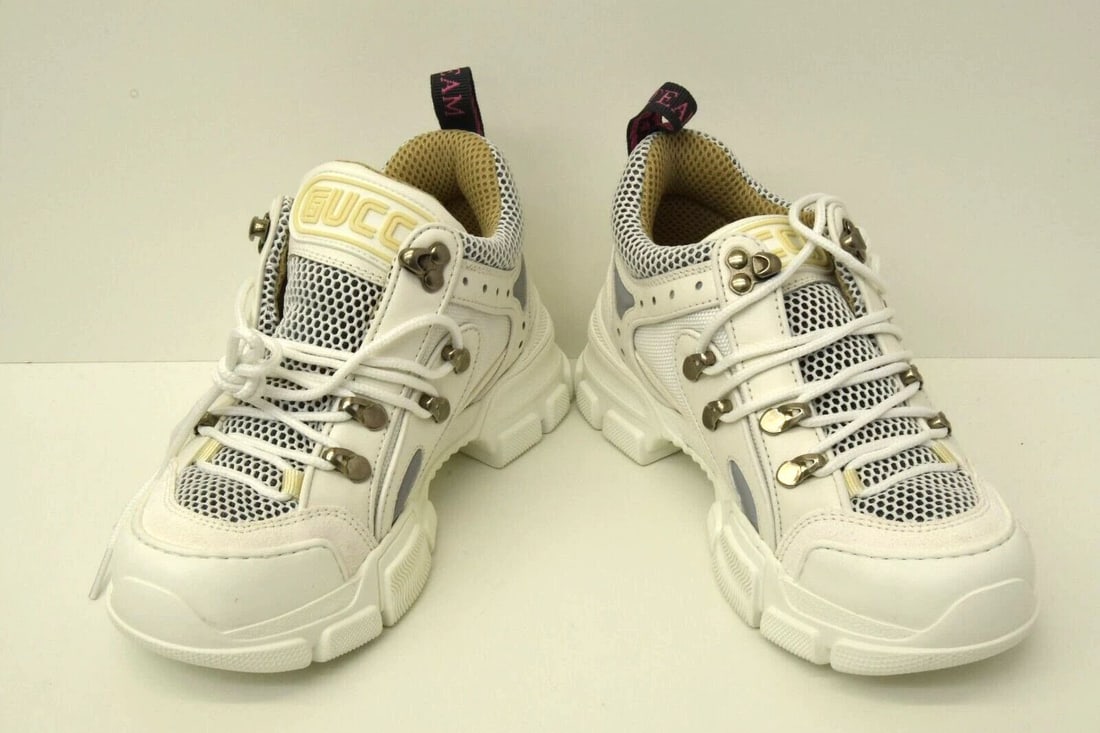 AUTHENTIC GUCCI SEGA FLASHTREK LADIES WHITE SNEAKERS 35 NO STRAP LACE UP SHOES (1 of 2)