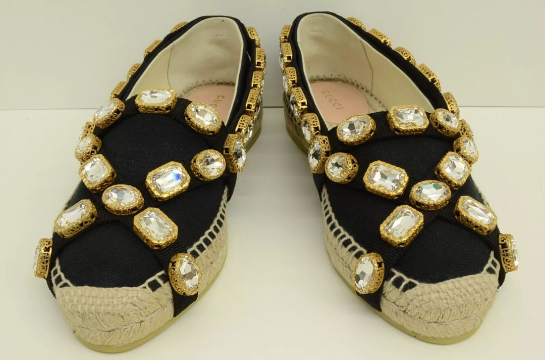 AUTHENTIC GUCCI SHOES ESPADRILLE FABRIC ROPE CRYSTALS SHOES 57302 KIFG0 1000: Authentic Gucci Shoes Espadrille Fabric Rope Crystals Shoes 57302 KIFG0 1000 Authentic Gucci Shoes Espadrille Fabric Rope Crystals Shoes 57302 KIFG0 1000 Heels, ShoesEs