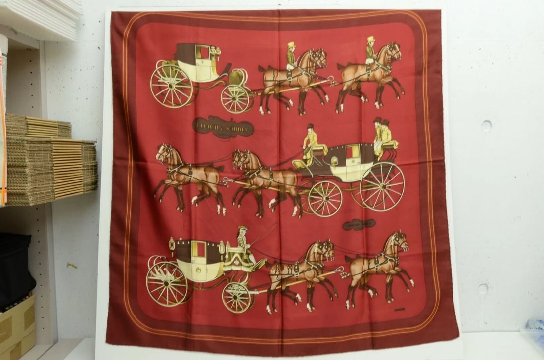 AUTHENTIC HERMES 100% SILK SCARF COACH & SADDLE RED PHILIPPE LEDOUX VINTAGE 90CM: Authentic Hermes 100% Silk Scarf Coach & Saddle Red Philippe Ledoux Vintage 90cm AUTHENTIC HERMES 100% SILK SCARF COACH & SADDLE RED PHILIPPE LEDOUX VINTAGE 90CM Philippe Ledoux Manufactured: France 1