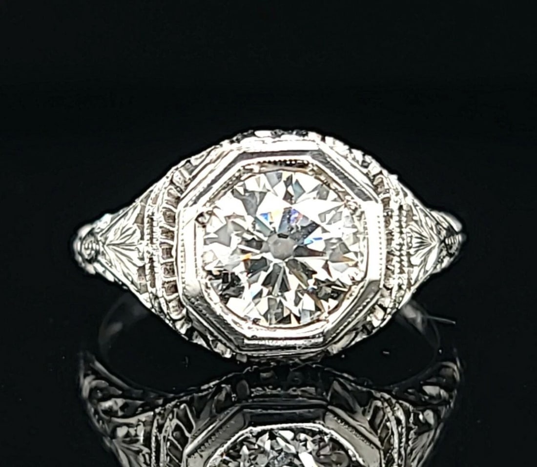 18K WHITE GOLD VINTAGE FILIGREE ENGAGEMENT RING 1.57CT. NATURAL EURO CUT DIAMOND (1 of 2)
