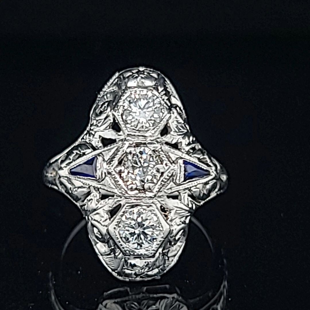18K WHITE GOLD ART DECO FILIGREE RING 0.55CT OLD MINE CUT ROUND DIAMOND (1 of 2)
