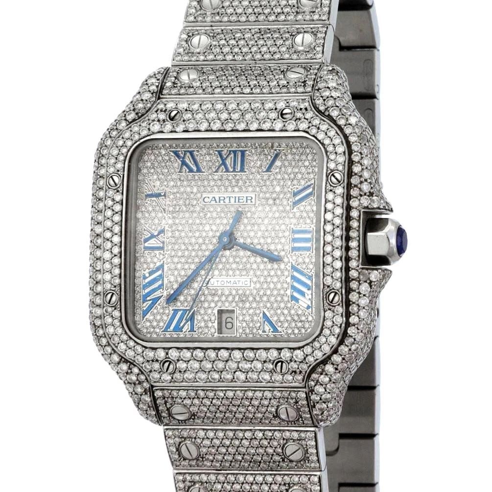 CARTIER SANTOS DIAMOND ICED OUT DIAMOND 20CT DATE AUTOMATIC STEEL LG MEN'S WATCH (1 of 2)