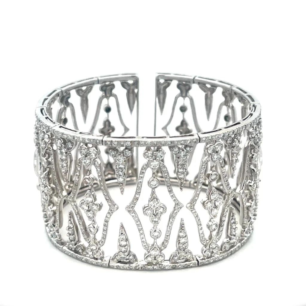 DIAMOND GOLD LUXURY BRACELET 18K WHITE LATTICE DESIGN WIDE FLEX CUFF BAND (1 of 2)