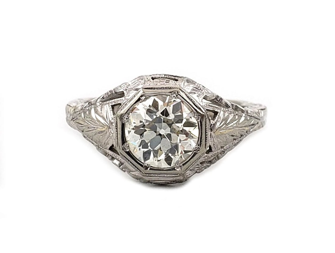 ART DECO SOLITAIRE RING 1CT EUROPEAN CUT DIAMOND 14K WHITE GOLD FILIGREE (1 of 2)