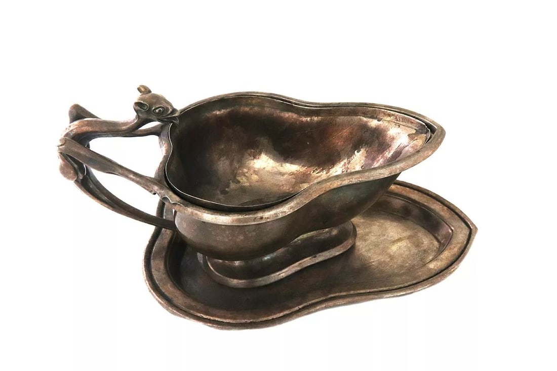 CARTIER ANTIQUE GRAVY SAUCE BOAT STERLING SILVER FRANCE W/ANIMAL HANDLE RARE (1 of 2)