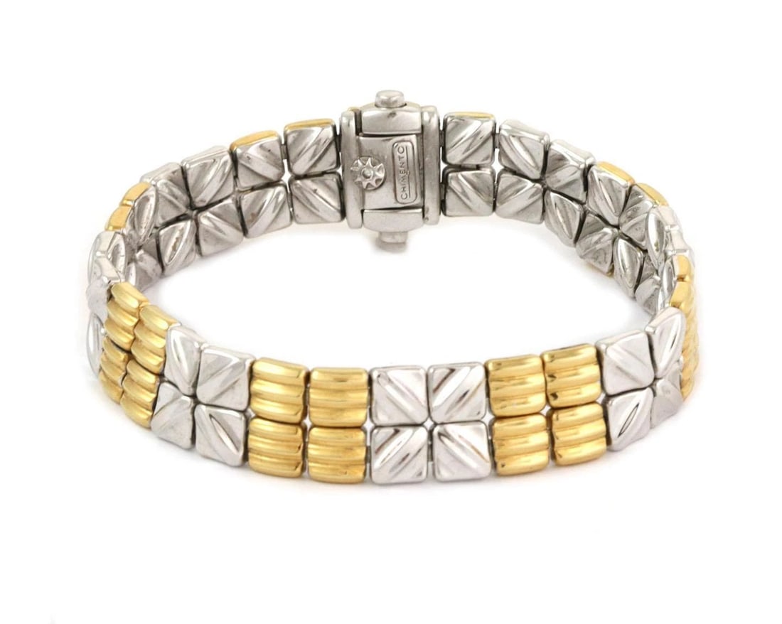 CHIMENTO BRACELET 18K TWO TONE GOLD FANCY FLOWER STYLE 12MM WIDE ITALIAN: CHIMENTO BRACELET 18K TWO TONE GOLD FANCY FLOWER STYLE 12MM WIDE ITALIAN Chimento 18k Two Tone Gold Fancy Flower Style 12mm Wide Bracelet Description This is an elegant bracelet from Chimento, it is c