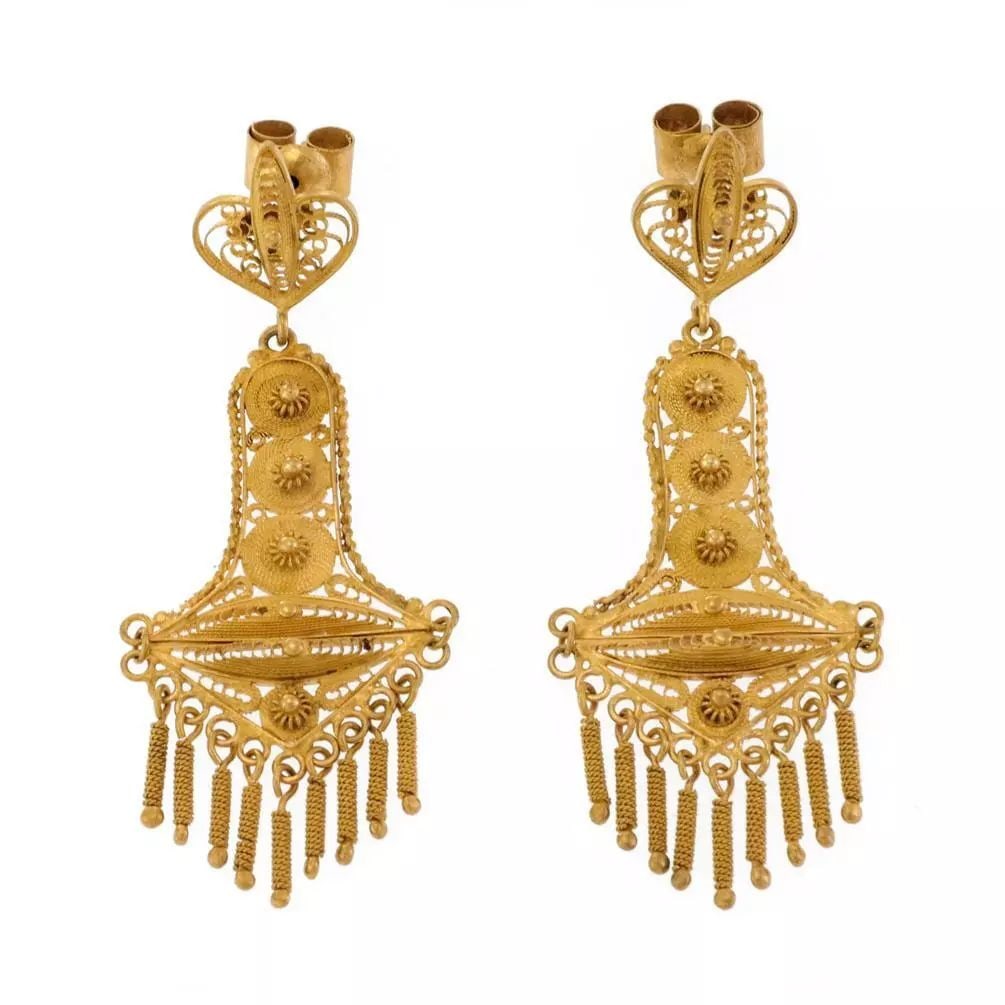 VINTAGE EARRINGS 18K GOLD ETRUSCAN FILIGREE TASSEL CHANDELIER (1 of 2)