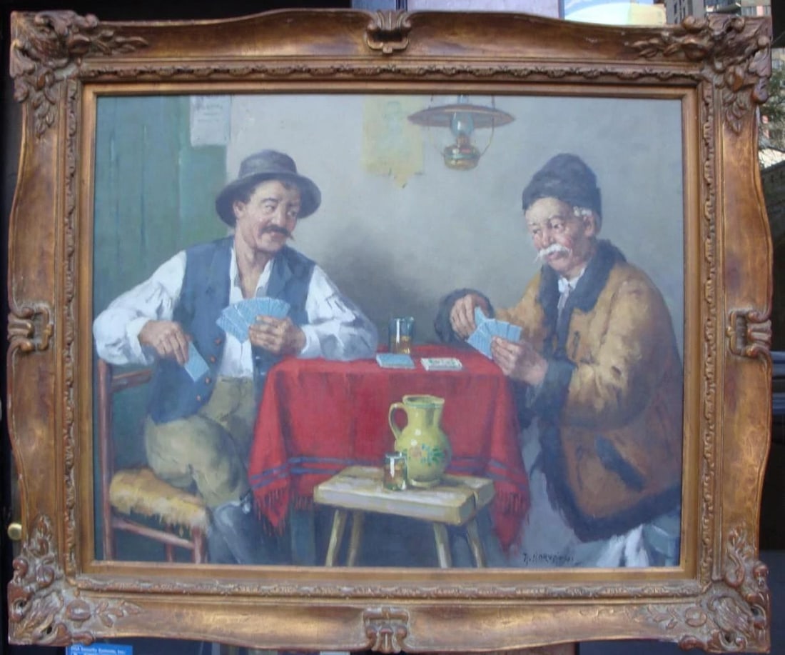 BEST OFFERS 19THC MUSEUM QTY ORG EUROPEAN PAINTING 2 MEN PLAYING CARDS (1 of 2)