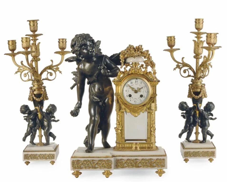 LOVELY 3PC FINE EUROPEAN GILT CHERUB MANTEL CLOCK (1 of 2)