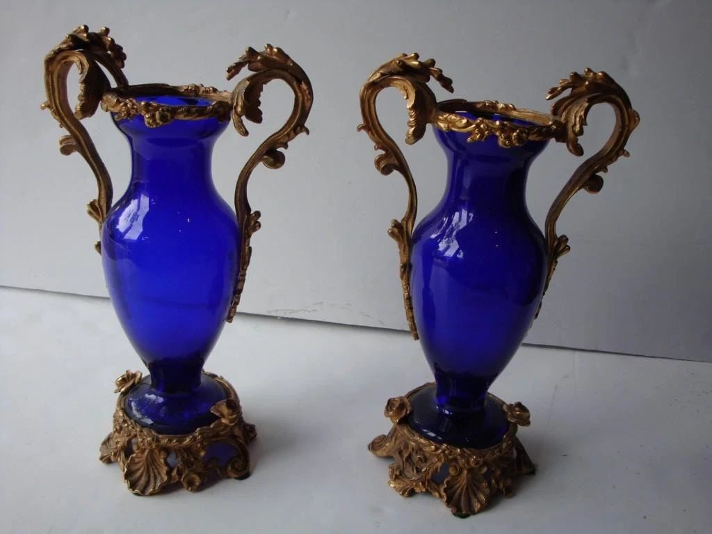 PAIR OF 19TH C NEOCLASSICAL COBALT BLUE AND BRONZE VASES (1 of 2)