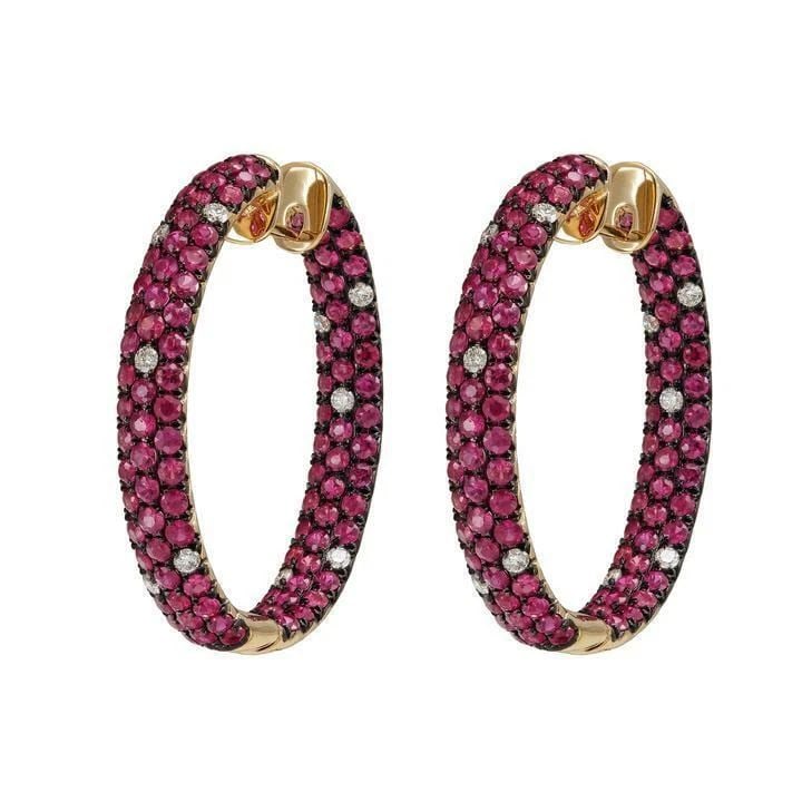 18KT GOLD LARGE 5.60CT MULTI RUBY DIAMOND HOOP EARRINGS (1 of 2)
