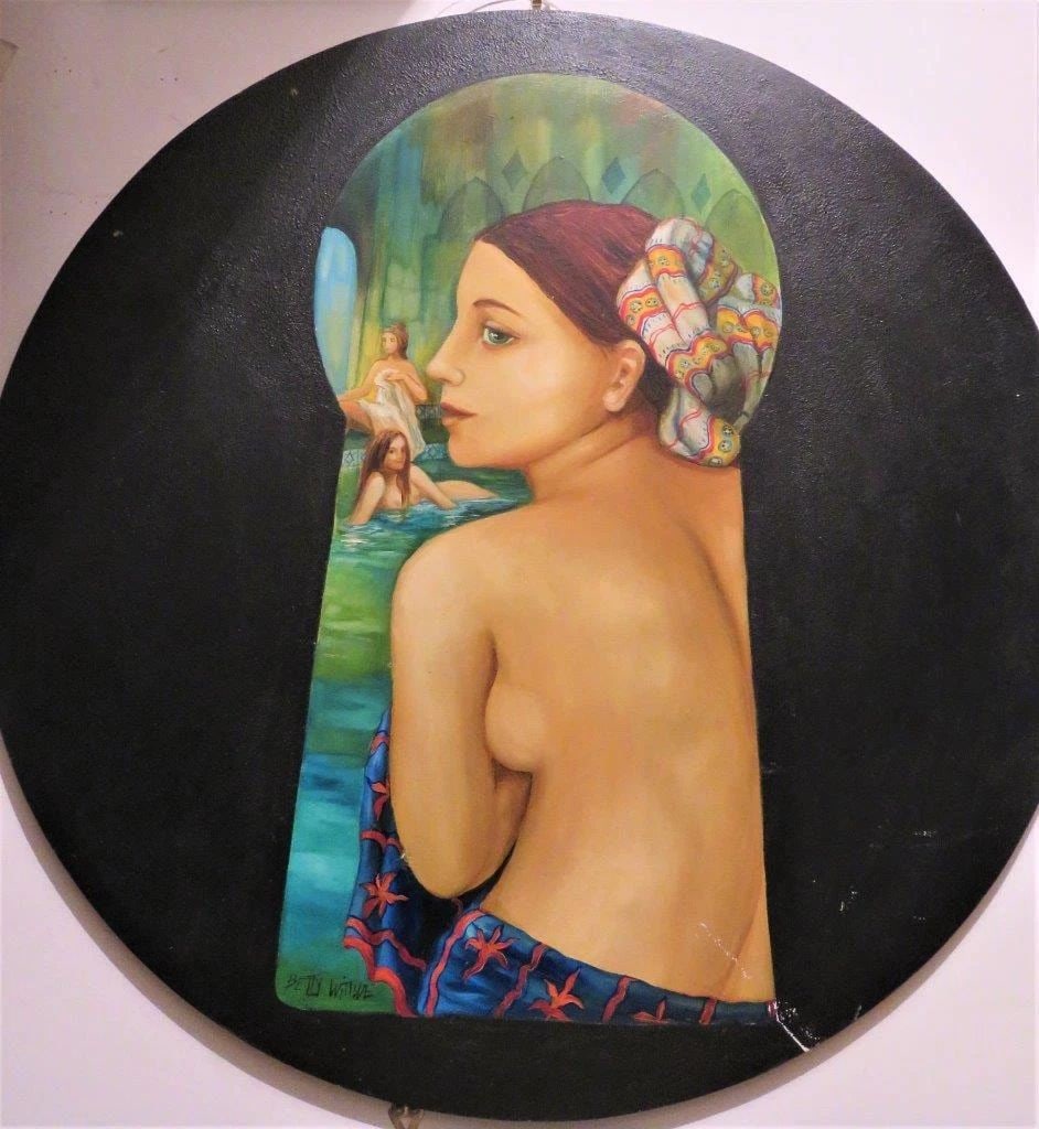 MEL RAMOS INSPIRED NUDE BATHERS PAINTING BETTY WITTWE FRENCH: MEL RAMOS INSPIRED NUDE BATHERS PAINTING BETTY WITTWE FRENCH The Following Item we are Offering is A Rare Original Oil on Wood Painting from an Exclusive Collection by World Renown French Artist Betty