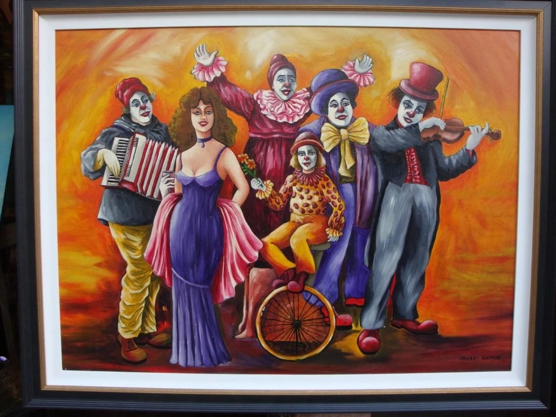 MAGNIFICENT ORIGINAL OIL LADY W/ CLOWNS PAINTING SIGNED BY SHOSHI CHAYAT (1 of 2)