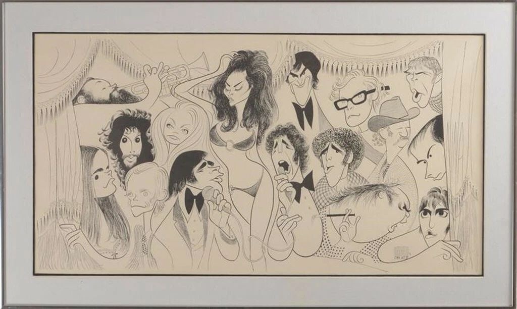 SIGNED FRAMED 1970S AL HIRSCHFELD CMA AWARDS: SIGNED FRAMED 1970S AL HIRSCHFELD CMA AWARDS The Following Item we are Offering is a Rare Al Hirschfeld Lithograph on paper, titled CMA ACT III Awards featuring many celebrities and musicians from the