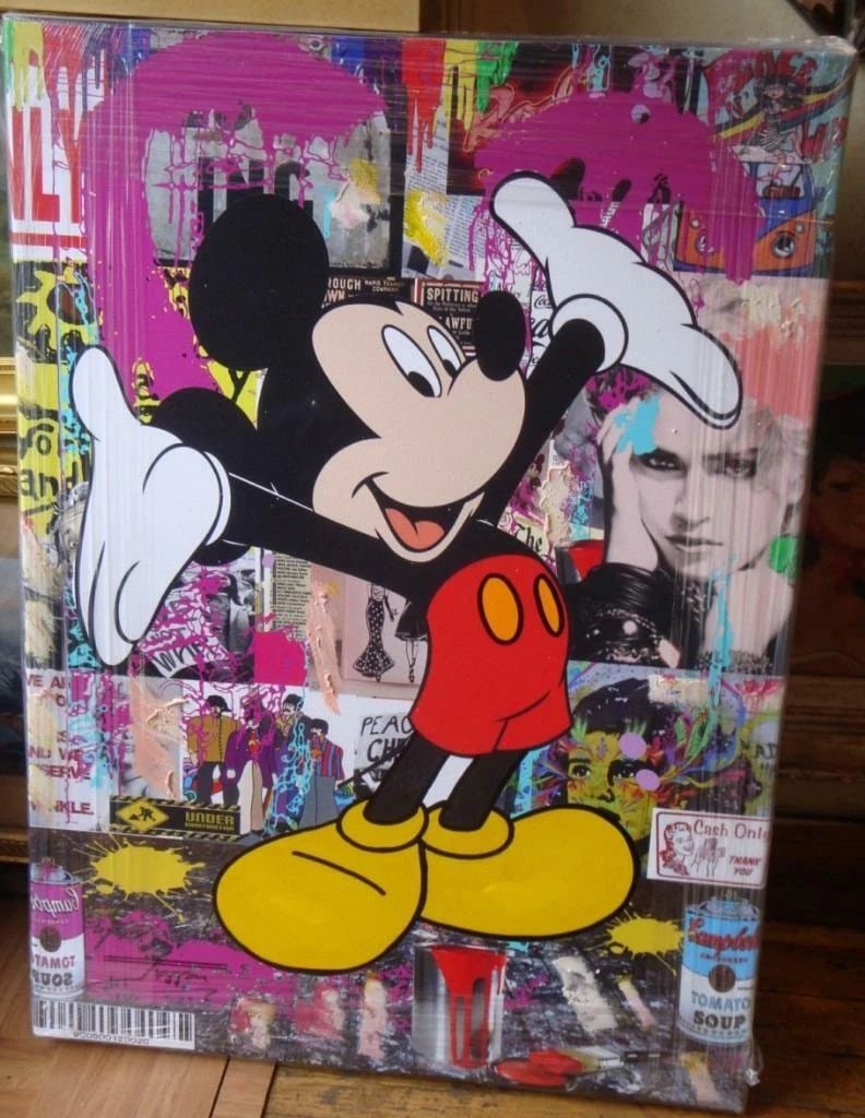 LRG JOZZA MIXED MEDIA MICKEY MOUSE BEATLES WARHOL PAINTING (1 of 2)