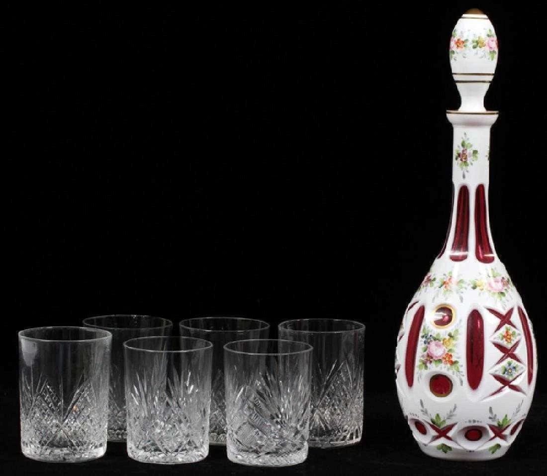 HEAVY 19TH CENTURY CRANBERRY OVERLAY GLASS DECANTER & TUMBLERS (1 of 2)