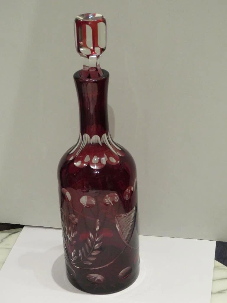 HEAVY 19TH CENTURY FRENCH RED GLASS TO CLEAR DECANTER FROM NYC ESTATE (1 of 2)