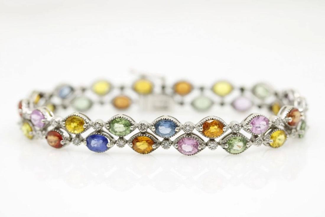 SONIA B. BITTON 18K WHITE GOLD MULTI GEMSTONES & DIAMONDS TENNIS BRACELET (1 of 2)