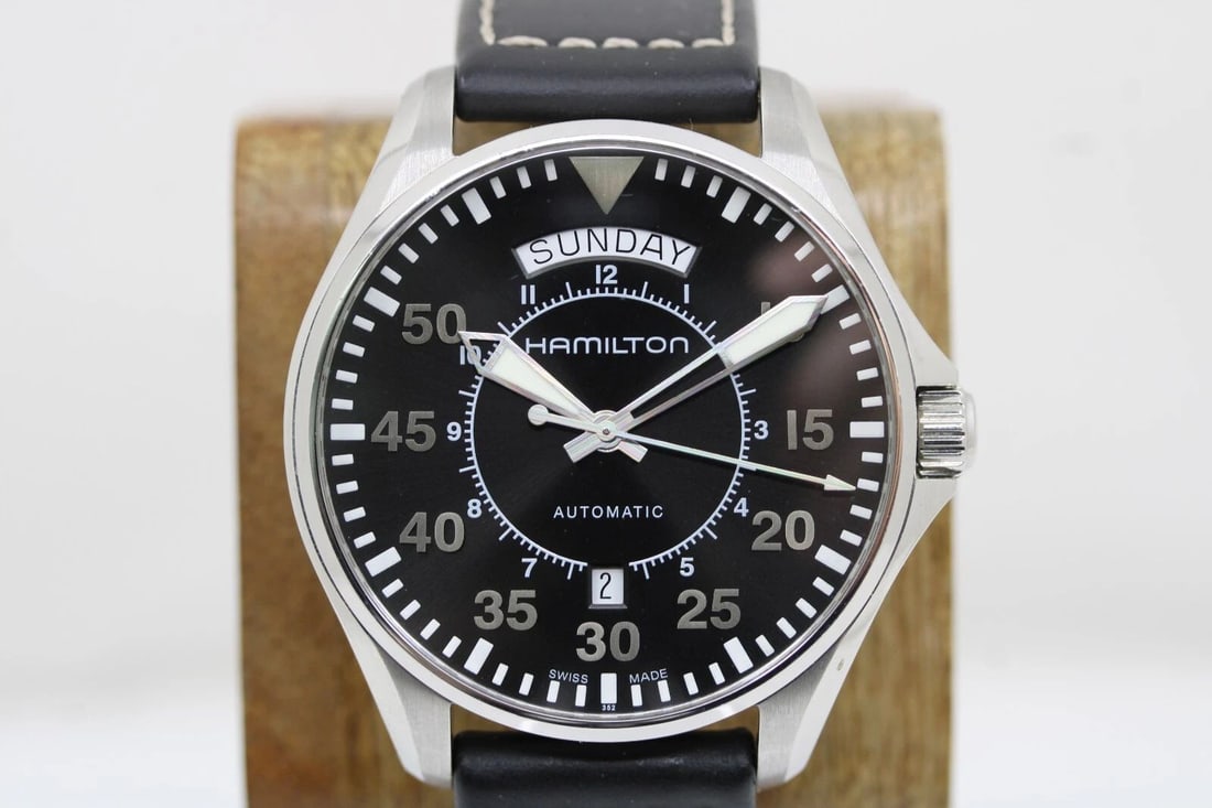 HAMILTON KHAKI AVIATION PILOT 42 MM DAY/DATE BLACK DIAL AUTOMATIC WATCH W/ BOX (1 of 2)