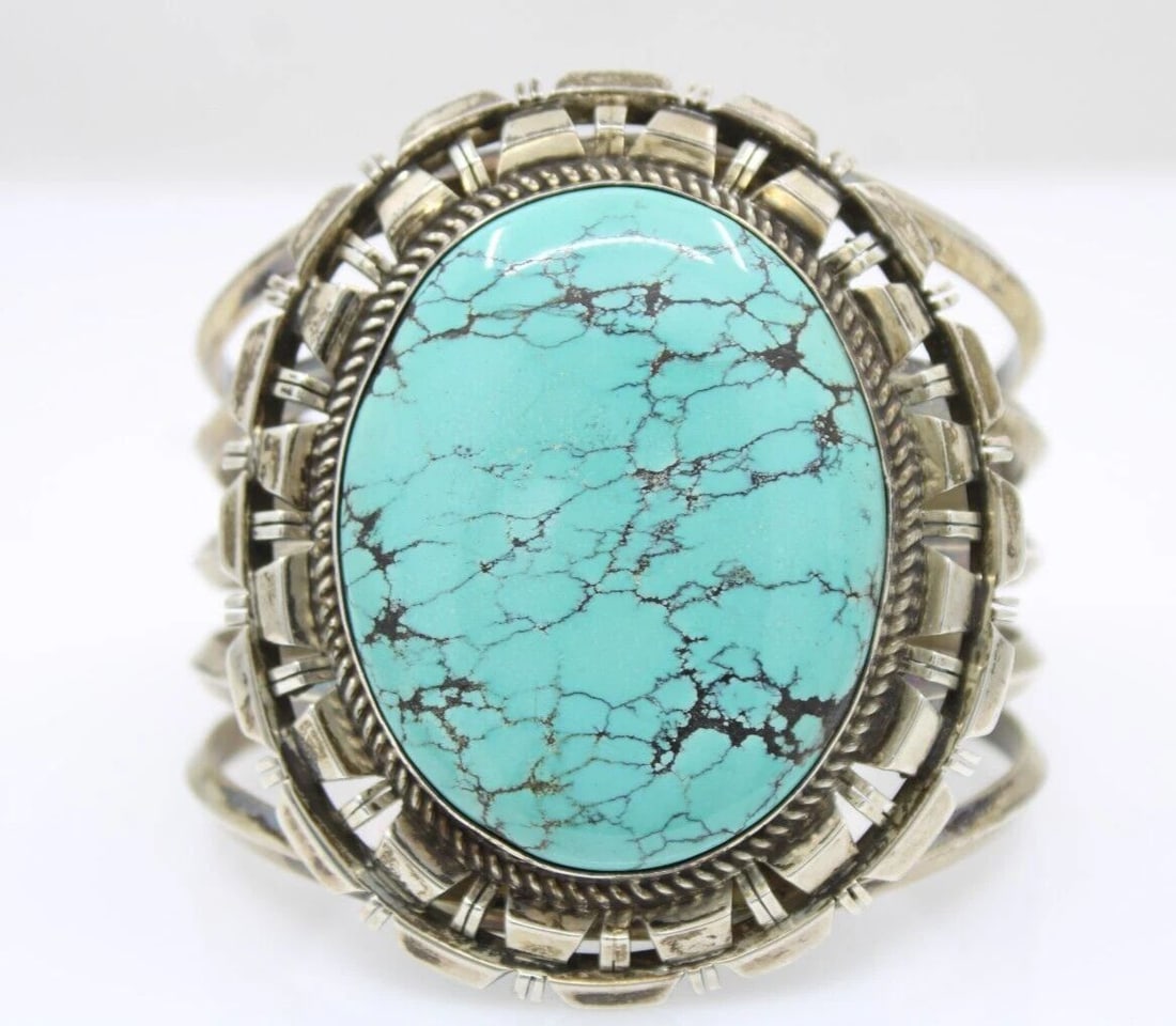 NAVAJO CHRIS TOM STERLING SILVER TURQUOISE CUFF BRACELET 7" - 116.2 GRAMS (1 of 2)